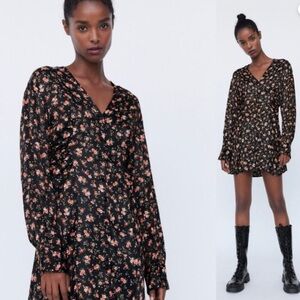 New Zara Womens mini dress floral V-neck long sleeve ruffle Sz M